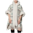 thumbnail image 1 of RYRJJ Women's Faux Fur Trim Cloak Shawl Wrap Plaid Striped Tassel Poncho Coat Cape Fall Winter Warm Open Front Cardigan(Green,Free Size), 1 of 4