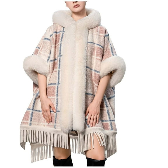 RYRJJ Women's Faux Fur Trim Cloak Shawl Wrap Plaid Striped Tassel Poncho Coat Cape Fall Winter Warm Open Front Cardigan(Hot Pink,Free Size)