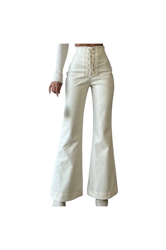 Women's Faux Leather Flare Bootcut Pants Drawstring Lace-Up High Waist Trousers Elegant Business Work Bell Botom Pants with Pockets(White,S)