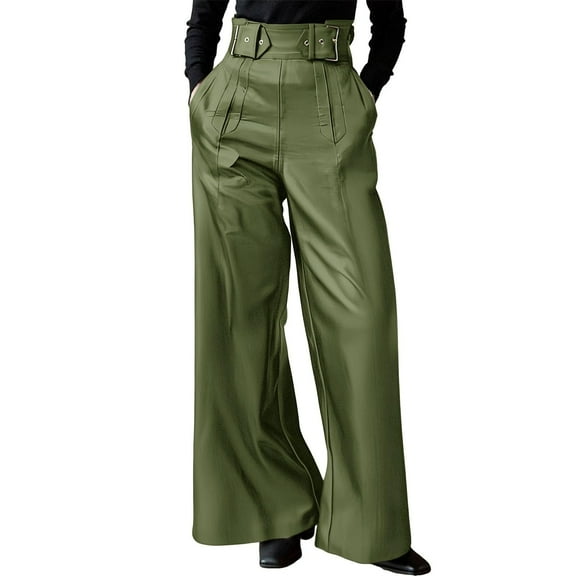 RYRJJ Women's Faux Leather Pants High Waisted Wide Leg Dress Pants with Pockets Front Pleated Party Club Trousers(Army Green,M)