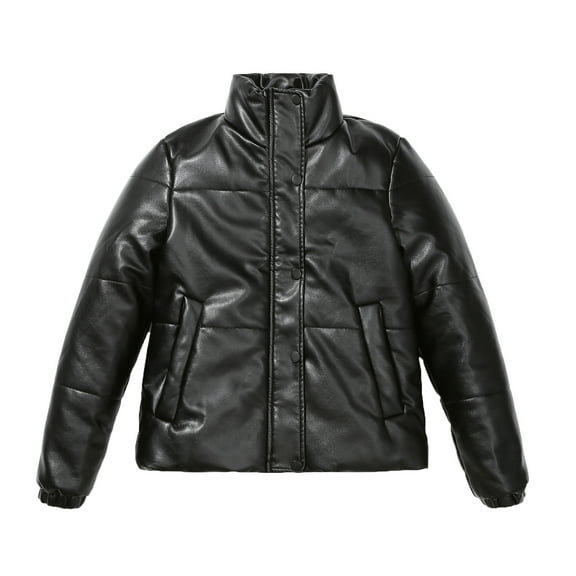 RYRJJ Women's Faux Leather Puffer Jacket Winter Warm Quilted Short Down Coat Long Sleeve Stand Collar Baggy Bubble Coat with Pockets(Black,S)