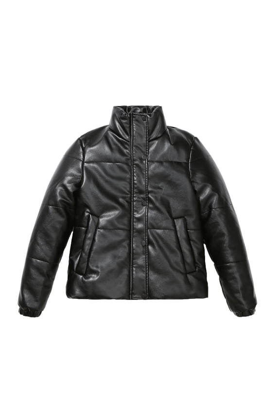 Women's Faux Leather Puffer Jacket Winter Warm Quilted Short Down Coat Long Sleeve Stand Collar Baggy Bubble Coat with Pockets(Black,S)