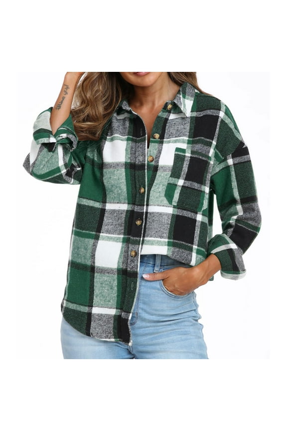 Women's Flannel Plaid Shirts Button Down Long Sleeve Soft Flannel Shacket Jacket Loose Fit Fall Casual Coats Tops with Pocket(Green,XXL)