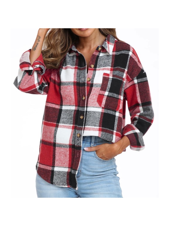 Women's Flannel Plaid Shirts Button Down Long Sleeve Soft Flannel Shacket Jacket Loose Fit Fall Casual Coats Tops with Pocket(Red,M)