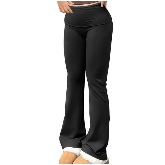 RYRJJ Women's Flare Leggings Tummy Control Fold Over Bootcut Yoga Pants Soft Mid-Rise Comfy Lounge Pants Stretch Trousers(Black,S)