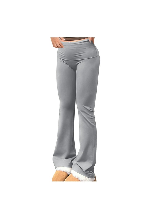Women's Flare Leggings Tummy Control Fold Over Bootcut Yoga Pants Soft Mid-Rise Comfy Lounge Pants Stretch Trousers(Gray,M)