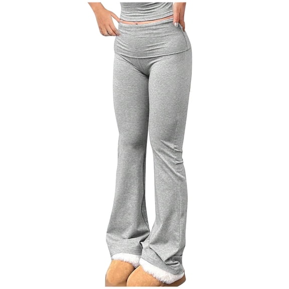 RYRJJ Women's Flare Leggings Tummy Control Fold Over Bootcut Yoga Pants Soft Mid-Rise Comfy Lounge Pants Stretch Trousers(Light Gray,S)