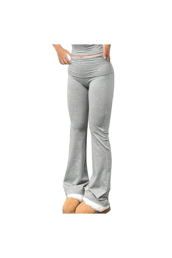 Women's Flare Leggings Tummy Control Fold Over Bootcut Yoga Pants Soft Mid-Rise Comfy Lounge Pants Stretch Trousers(Light Gray,S)