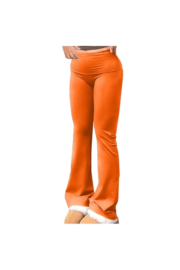 Women's Flare Leggings Tummy Control Fold Over Bootcut Yoga Pants Soft Mid-Rise Comfy Lounge Pants Stretch Trousers(Orange,XXL)