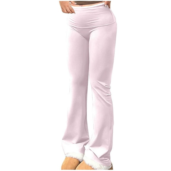 RYRJJ Women's Flare Leggings Tummy Control Fold Over Bootcut Yoga Pants Soft Mid-Rise Comfy Lounge Pants Stretch Trousers(Pink,S)