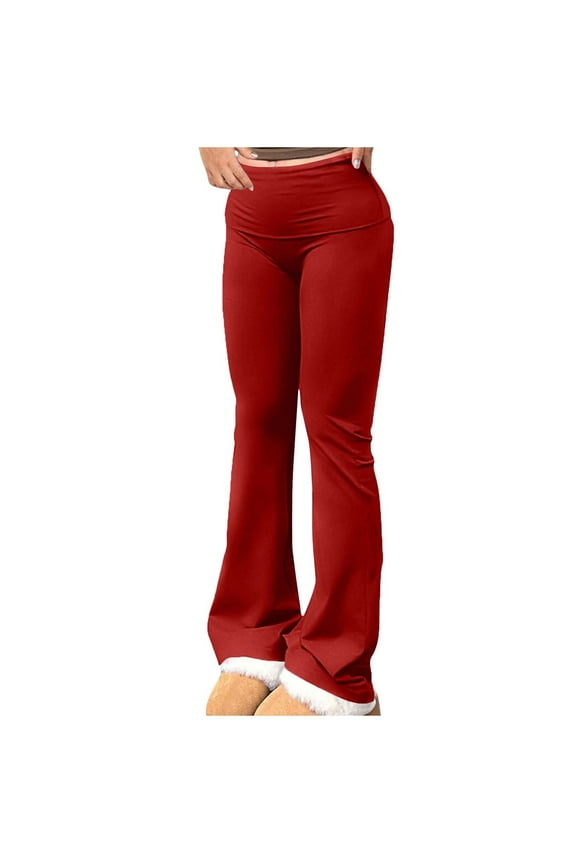 Women's Flare Leggings Tummy Control Fold Over Bootcut Yoga Pants Soft Mid-Rise Comfy Lounge Pants Stretch Trousers(Red,M)