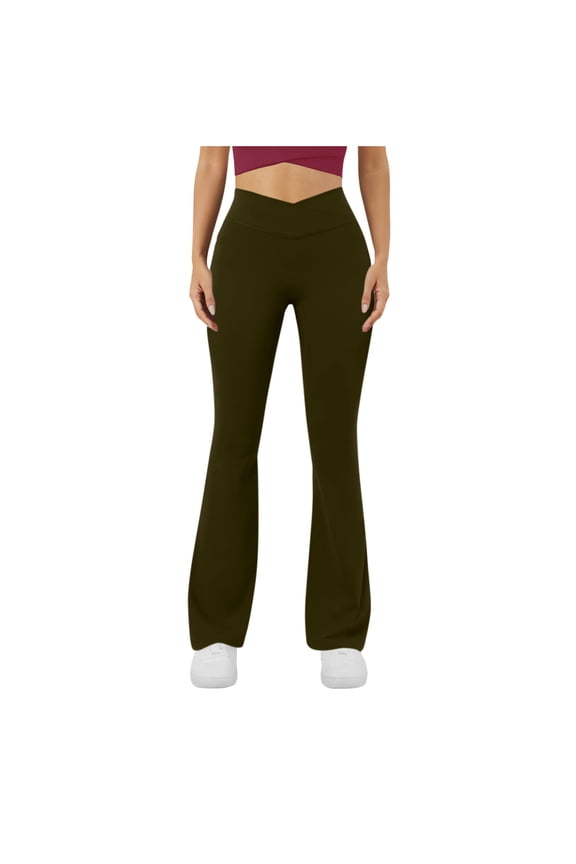 Women's Flare Leggings with Pockets V-Crossover High Waisted Bootcut Yoga Pants Tummy Control Bell Bottom Leggings(Army Green,S)