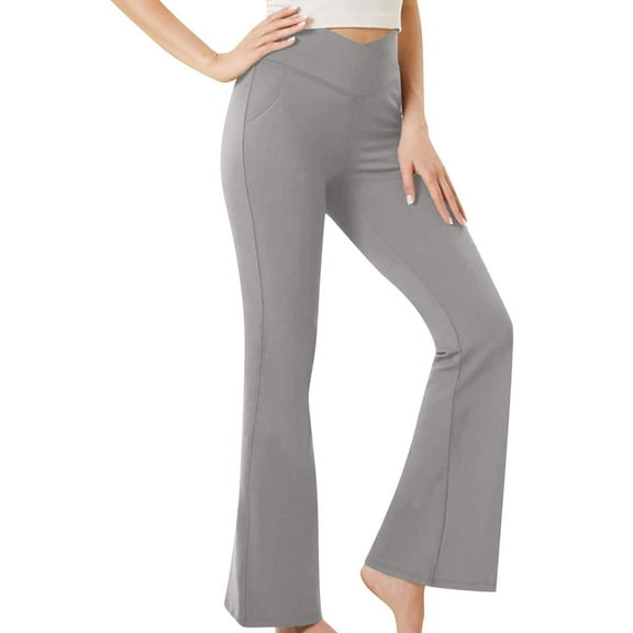RYRJJ Women's Flare Yoga Pants with Pockets-V Crossover High Waisted Bootcut Yoga Leggings-Stretchy Casual Workout Gym Leggings(Gray,XXL)