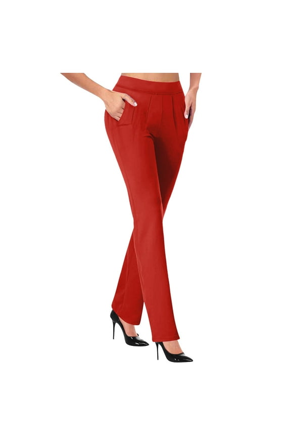 Women's Flared Yoga Dress Pants Stretchy Work Slacks Business Casual Straight Leg Bootcut Pull on Trousers with Pockets(Z1-Red,S)