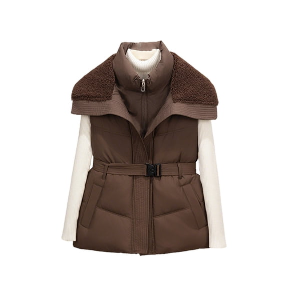 RYRJJ Women's Fleece Collar Puffer Vest Sleeveless Lightweight Winter Warm Zip Up Padded Outerwear Jackets with Belt Pockets(Coffee,M)