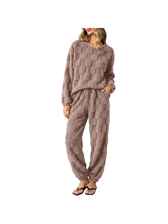 Women's Fluffy Pajamas Sets Soft Comfy Fleece Pj Set Long Sleeve Pullover and Pants 2 Piece Loungewear Winter Warm Sleepwear