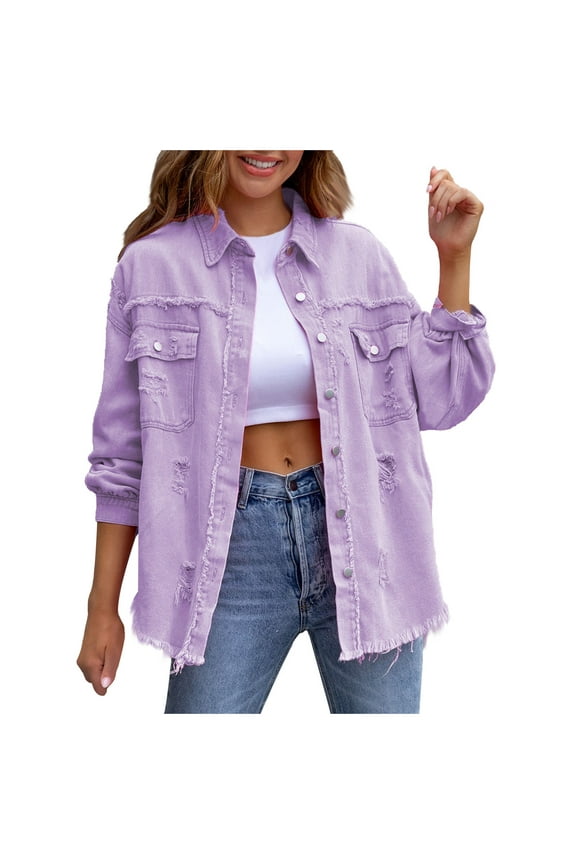 Women's Frayed Denim Jacket Casual Long Sleeve Button Up Boyfriend Ripped Jean Coat Basic Trucker Jackets with Pockets(Purple,S)