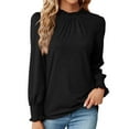 thumbnail image 1 of RYRJJ Women's Frilled Trim Mock Neck Tops Ruffled Smocked Cuffs Puff Sleeve Blouses Solid Color Loose Elegant Work Tunic Shirts(Black,S), 1 of 4