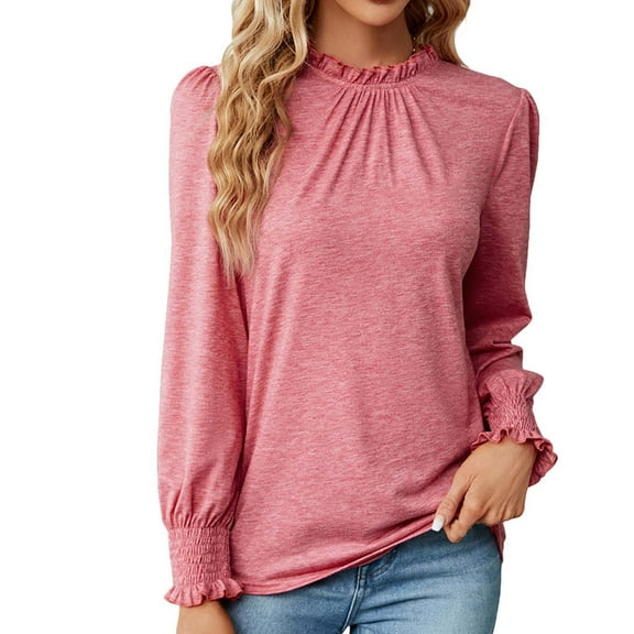 RYRJJ Women's Frilled Trim Mock Neck Tops Ruffled Smocked Cuffs Puff Sleeve Blouses Solid Color Loose Elegant Work Tunic Shirts(Pink,S)