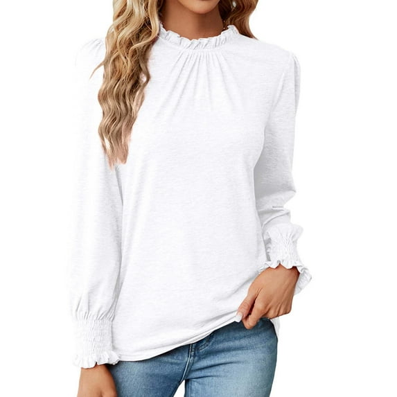 RYRJJ Women's Frilled Trim Mock Neck Tops Ruffled Smocked Cuffs Puff Sleeve Blouses Solid Color Loose Elegant Work Tunic Shirts(White,S)