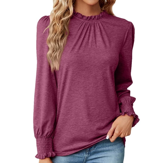RYRJJ Women's Frilled Trim Mock Neck Tops Ruffled Smocked Cuffs Puff Sleeve Blouses Solid Color Loose Elegant Work Tunic Shirts(Wine,S)