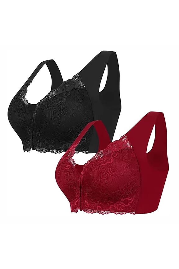 Women's Front Closure Bras Plus Size Full Coverage Posture Back Unpadded Wireless Lace Bralette Double Support Minimizer Bra