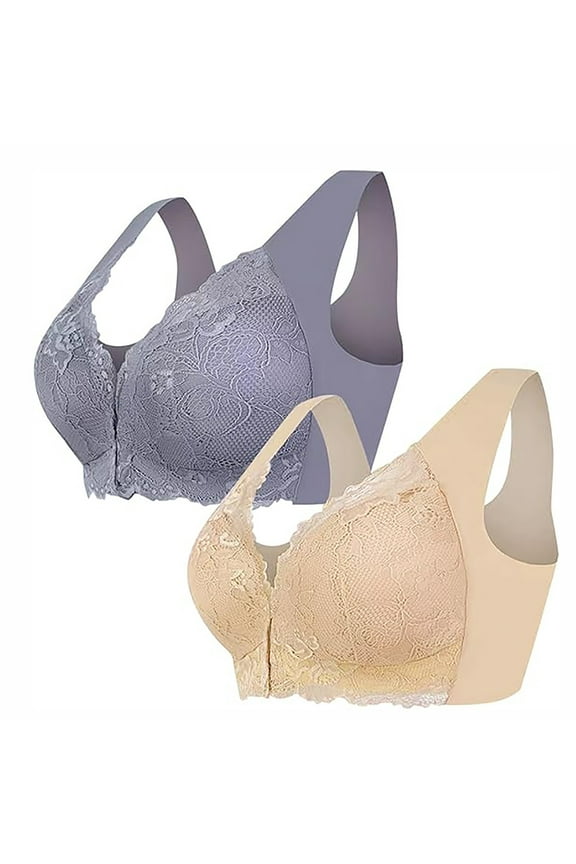 Women's Front Closure Bras Plus Size Full Coverage Posture Back Unpadded Wireless Lace Bralette Double Support Minimizer Bra