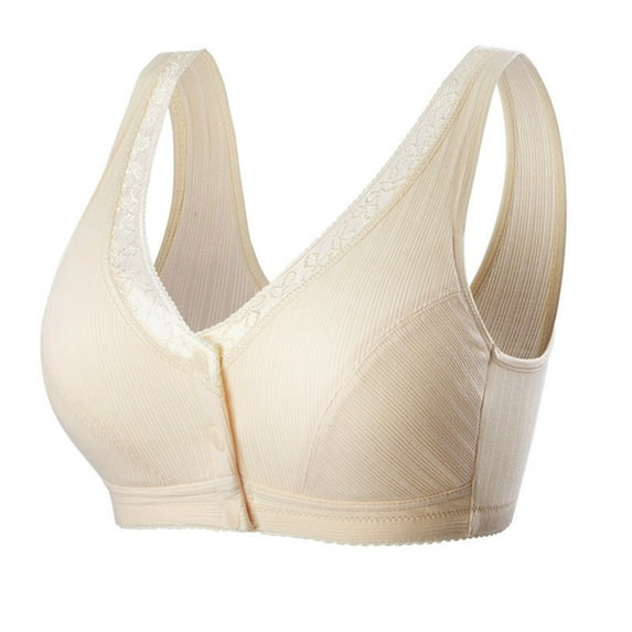 RYRJJ Women's Front Closure Cotton Bra Plus Size Lace Full-Coverage Wirefree Sports Bra Button Snap Closure Comfort Push Up Seamless Sleep Bras(Beige,6XL)