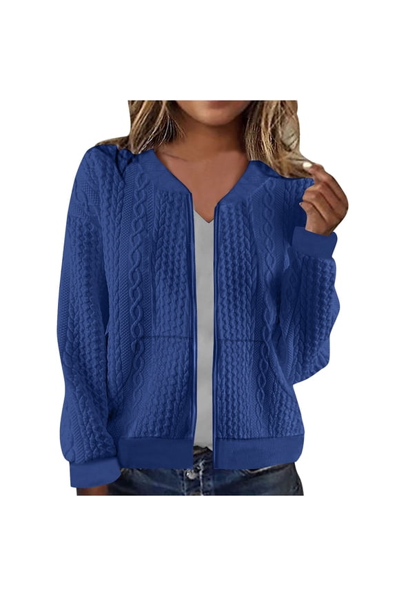 Women's Full Zip Sweatshirt Fleece Lined Jacket Textured Stand Collar Hoodless Outerwear Casual Coat with Pockets(Blue,XL)