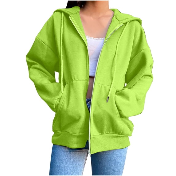 RYRJJ Women's Full Zip Up Hoodie Long Sleeve Hooded Sweatshirts Jacket Pockets Lightweight Drawstring Coat Outwear(Fluorescent Green,S)