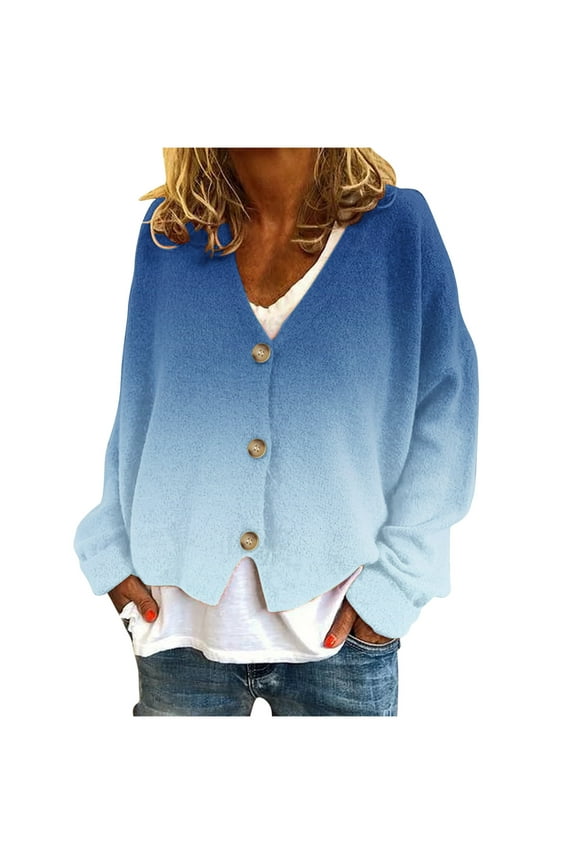 Women's Furry Cardigan Sweaters Long Sleeves Open Front V-Neck Button Down Cardigans Loose Casual Knit Sweater Outwear(Navy,XXL)