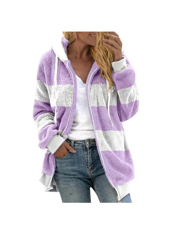 Women's Fuzzy Fleece Jacket Plus Size Sherpa Coat with Hood Color Block Winter Warm Shaggy Coats Long Sleeve Outwear