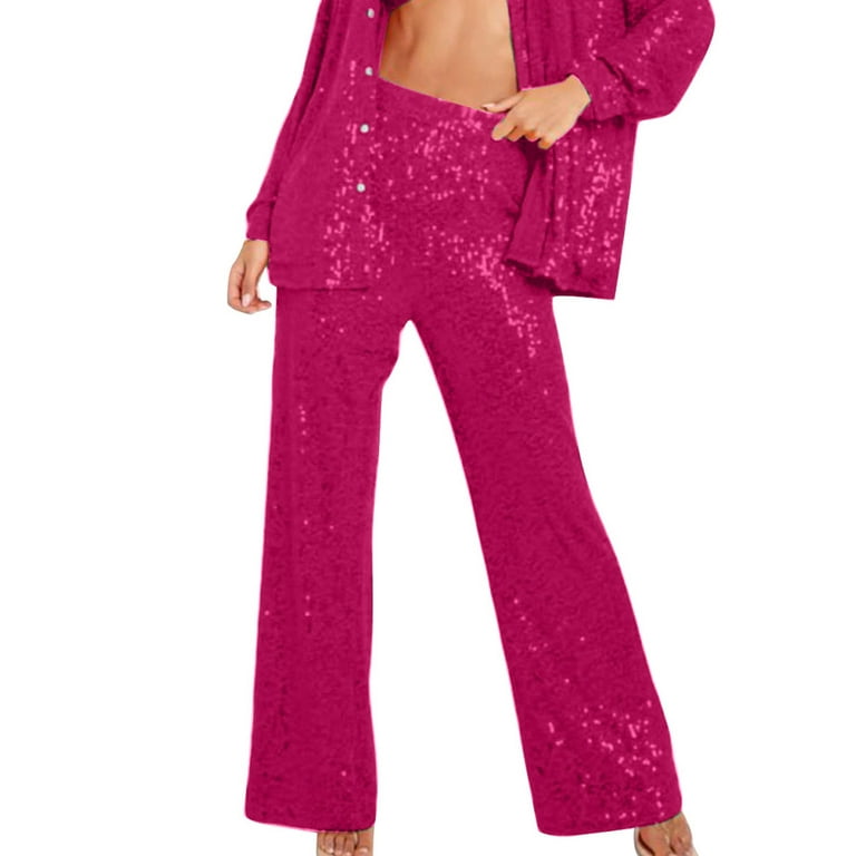 RYRJJ Women's Glitter Sequin Long Loose Pants Bling Party Clubwear