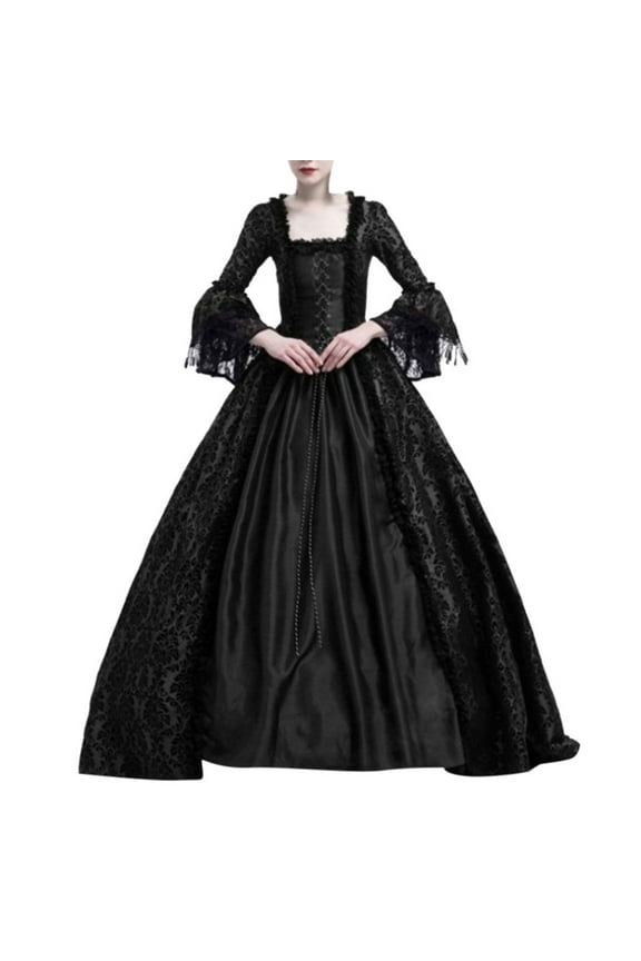 Women's Gorgeous Gothic Ball Gown Flared Sleeves Renaissance Vintage Medieval Dress Square Neck Lace Patchwork Masquerade Maxi Long Dress(Black,XL)