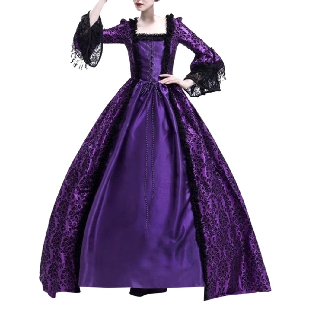 RYRJJ Women's Gorgeous Gothic Ball Gown Flared Sleeves Renaissance Vintage Medieval Dress Square Neck Lace Patchwork Masquerade Maxi Long Dress(Purple,3XL)