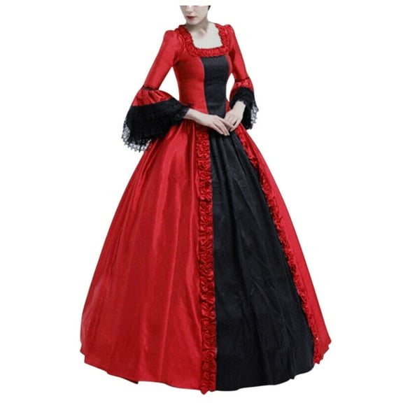 RYRJJ Women's Gorgeous Gothic Ball Gown Flared Sleeves Renaissance Vintage Medieval Dress Square Neck Lace Patchwork Masquerade Maxi Long Dress(Red,XL)