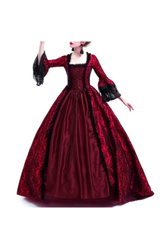 Women's Gorgeous Gothic Ball Gown Flared Sleeves Renaissance Vintage Medieval Dress Square Neck Lace Patchwork Masquerade Maxi Long Dress(Wine,S)