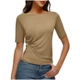 thumbnail image 1 of RYRJJ Women's Half Sleeve Boat Neck Shirts Ruched Side Slim Fit Basic Casual T Shirts Summer Casual Tee Tops(Khaki,L), 1 of 8