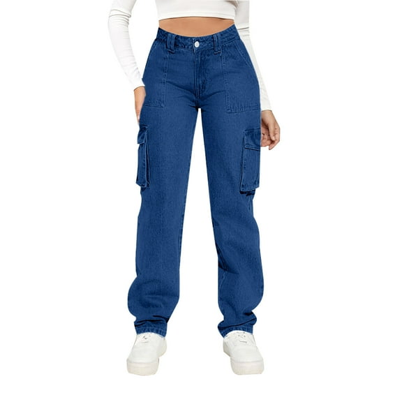 RYRJJ Women's High Rise Baggy Jeans Straight Leg Cargo Y2K Denim Pants Trendy Streetwear Jeans Pants with Flap Pockets(Blue,L)