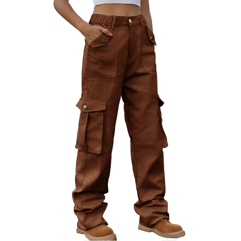 RYRJJ Women's High Waist Cargo Pants Stretch Baggy Combat Military Pants  Multiple Pockets Straight Wide Leg Y2K Fashion Streetwear Trousers(Brown,L)