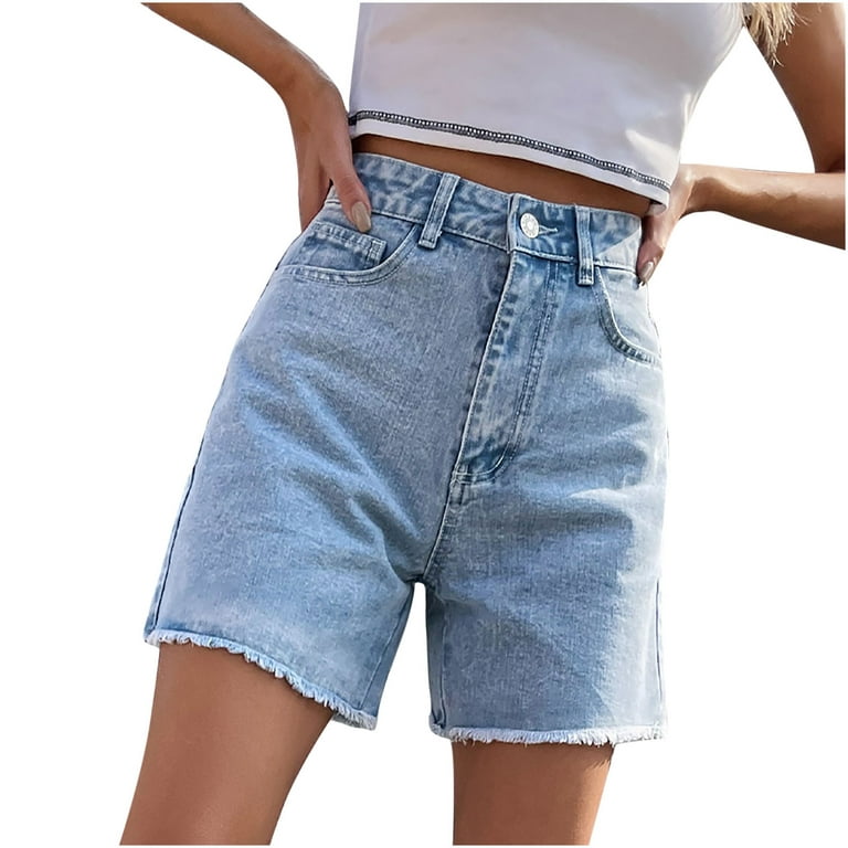 RYRJJ Women's High Waist Denim Shorts Straight Leg Raw Hem Jean Shorts  Summer Hot Pants with Pockets(Sky Blue,M)