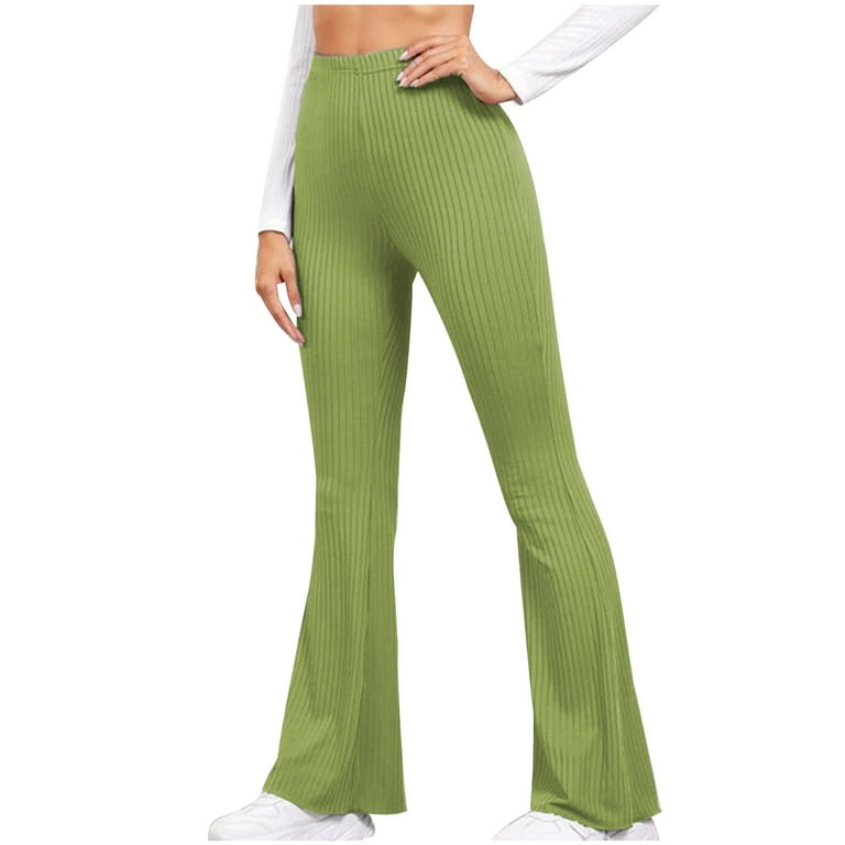 RYRJJ Women's High Waist Ribbed Flare Leggings Stretchy Soft Comfy Wide Leg  Bootleg Trousers Bell Bottom Bootcut Yoga Pants(Green,L) 