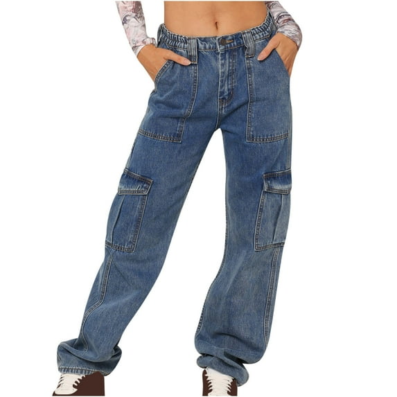 RYRJJ Women's High Waisted Baggy Boyfriend Cargo Jeans Straight Wide Leg Y2K Denim Pants with Multi-Pockets Streetwear(Gray,L)