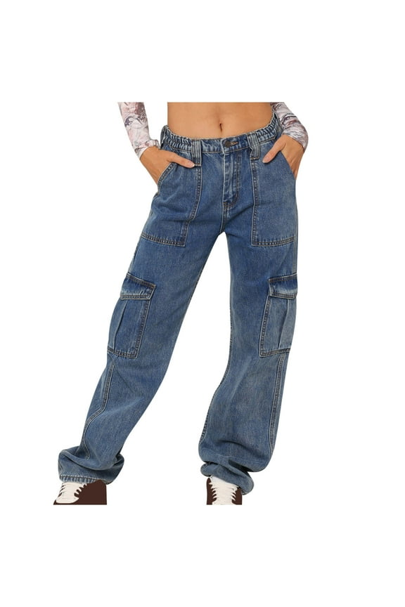 Women's High Waisted Baggy Boyfriend Cargo Jeans Straight Wide Leg Y2K Denim Pants with Multi-Pockets Streetwear(Gray,S)