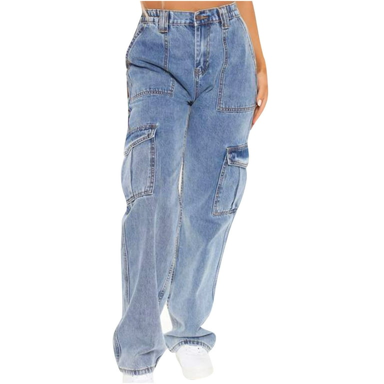 RYRJJ Women\'s High Waisted Baggy Boyfriend Cargo Jeans Straight Wide Leg  Y2K Denim Pants with Multi-Pockets Streetwear(Light Blue,XL)