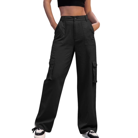 RYRJJ Women's High Waisted Cargo Pants Travel Y2K Baggy Hiking Pants Wide Leg Military Trousers with Multi Pockets Drawstring Ankle Cuffs(Black;M)