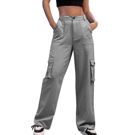 RYRJJ Women's High Waisted Cargo Pants Travel Y2K Baggy Hiking Pants Wide Leg Military Trousers with Multi Pockets Drawstring Ankle Cuffs(Gray;S)