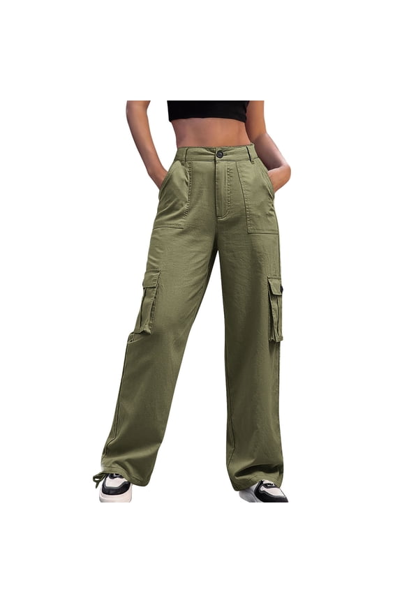 Women's High Waisted Cargo Pants Travel Y2K Baggy Hiking Pants Wide Leg Military Trousers with Multi Pockets Drawstring Ankle Cuffs(Green;M)