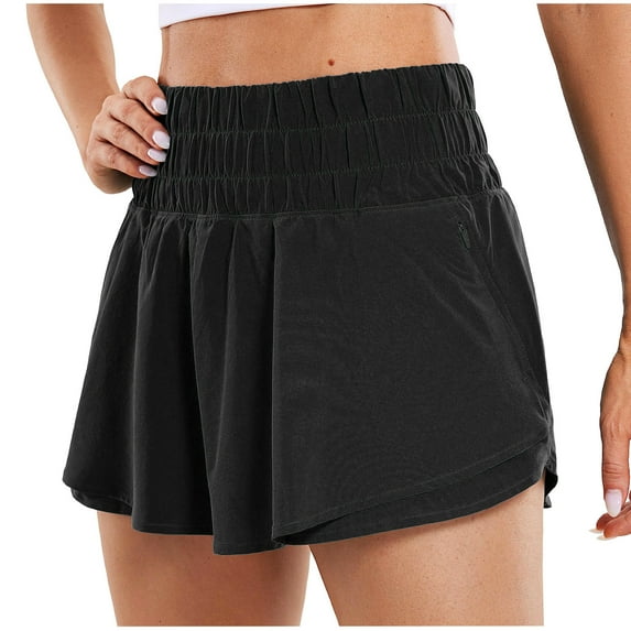 RYRJJ Women's High Waisted Flowy Athletic Shorts Tennis Skorts Ruffle Skirt Wrap Front Liner Workout Running Shorts Pants with Zip Pockets(Black,L)