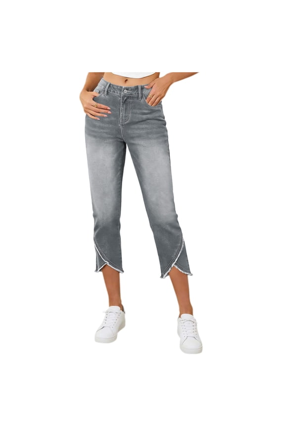 Women's Jeans High Waisted Stretchy Cropped Skinny Jeans Trendy Cross Raw Hem Summer Denim Capri Pants with Pockets(Dark Gray,XXL)